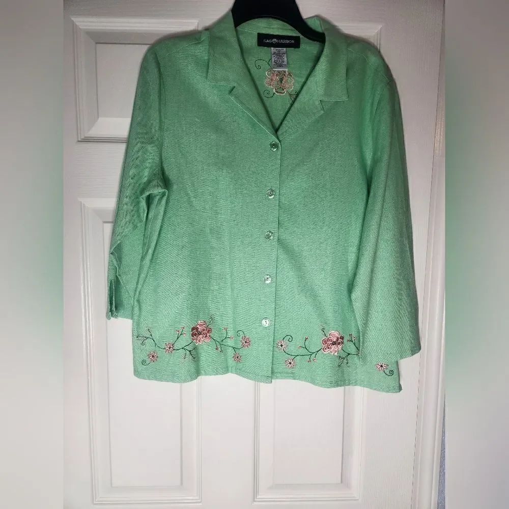 Sag Harbor 14 Green 3/4Sleeve LINEN BlendEmbroidered ButtonUp Women ShirtBlouse